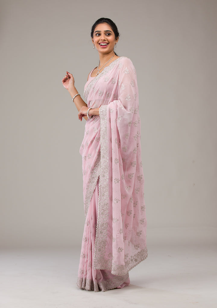 Baby Pink Silver Stonework Georgette Saree