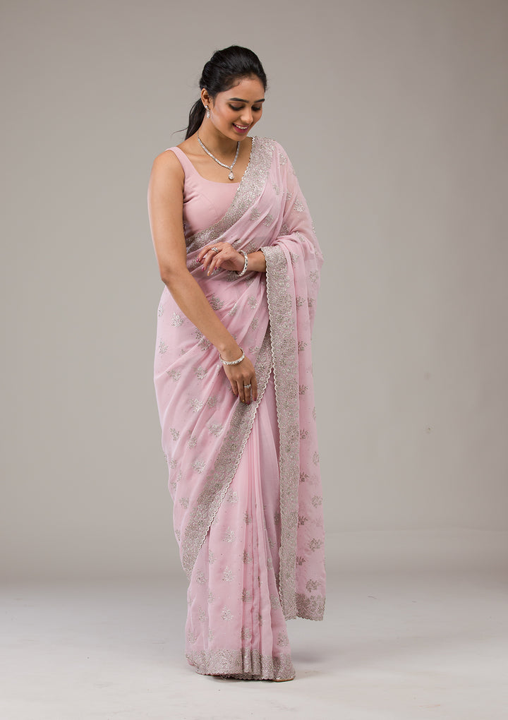 Baby Pink Silver Stonework Georgette Saree
