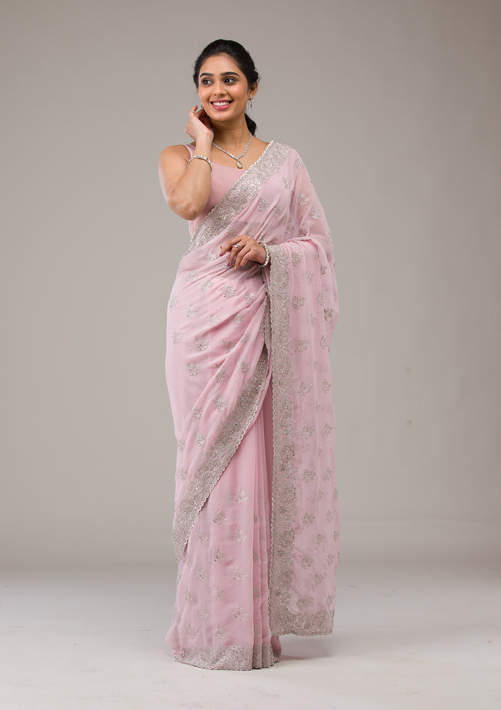 Baby Pink Silver Stonework Georgette Saree