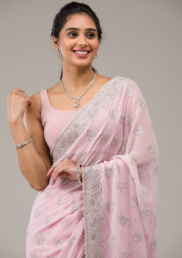 Baby Pink Silver Stonework Georgette Saree