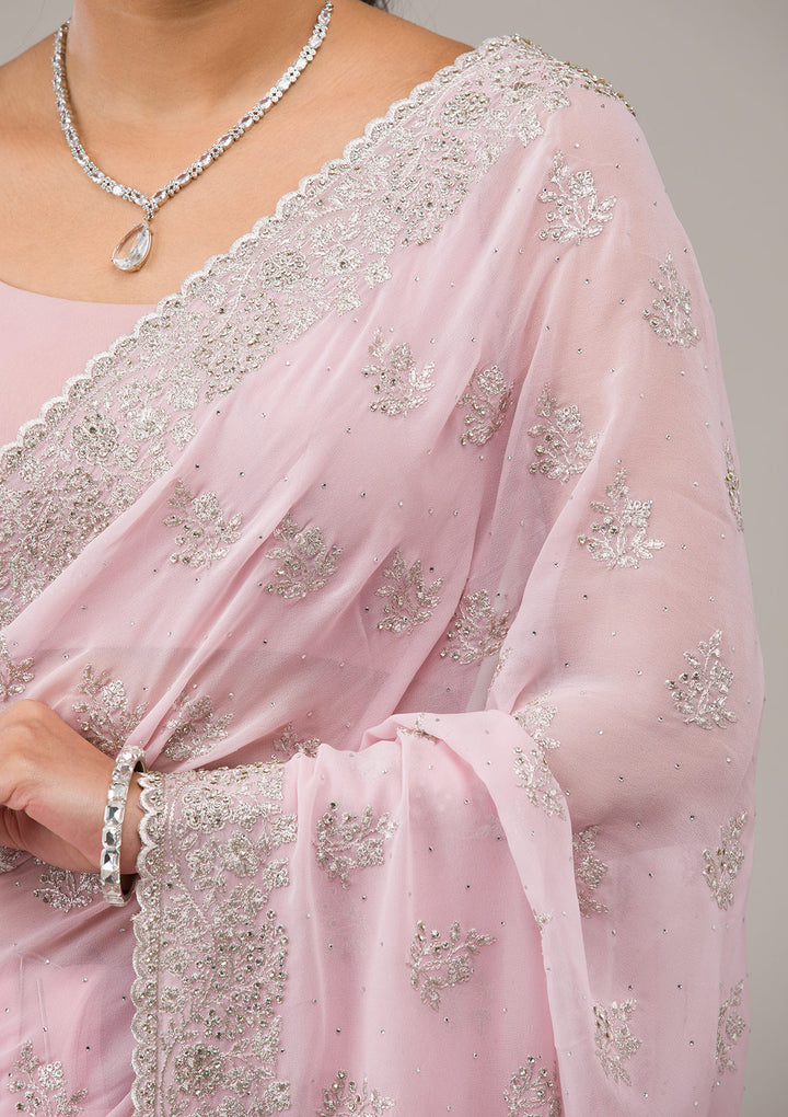 Baby Pink Silver Stonework Georgette Saree