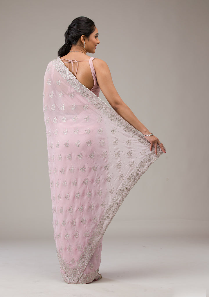 Baby Pink Silver Stonework Georgette Saree