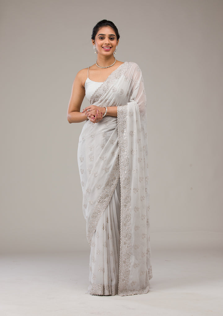 Light Grey Silver Stonework Georgette Saree