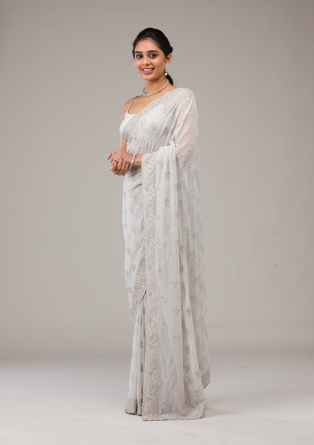 Light Grey Silver Stonework Georgette Saree