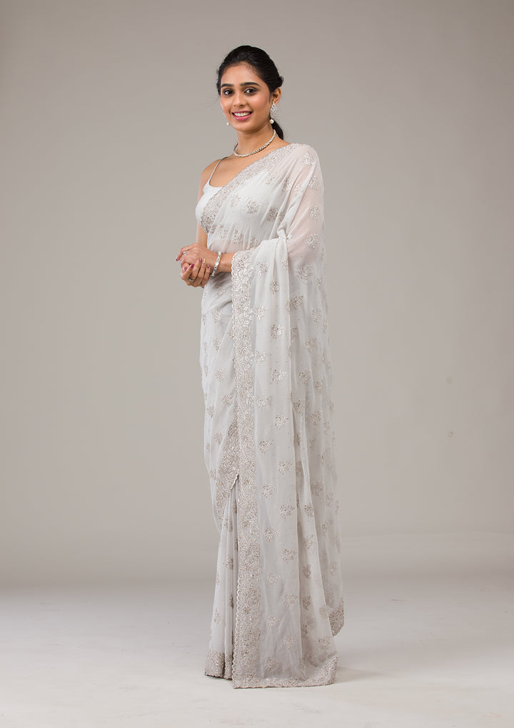 Light Grey Silver Stonework Georgette Saree