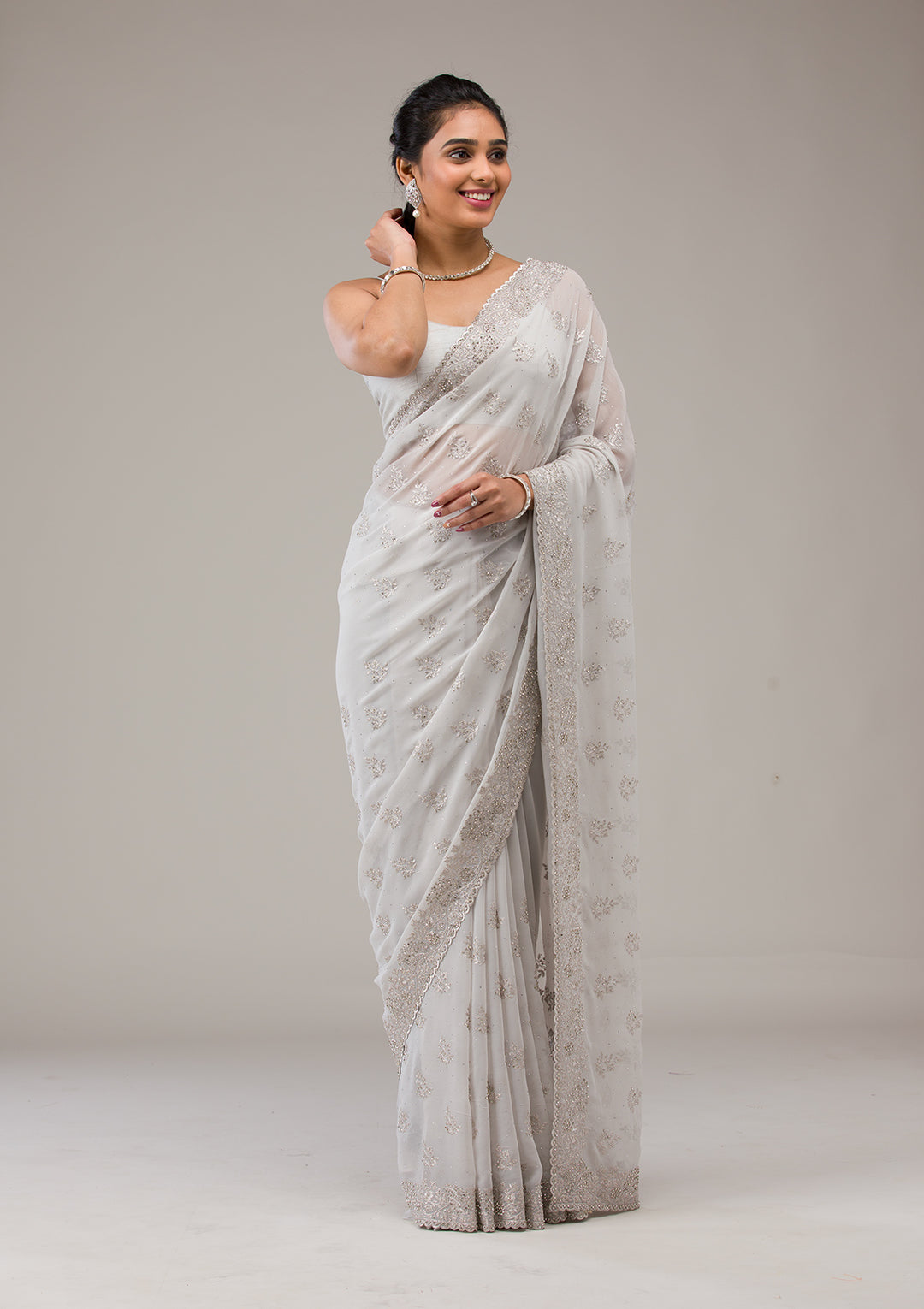 Light Grey Silver Stonework Georgette Saree