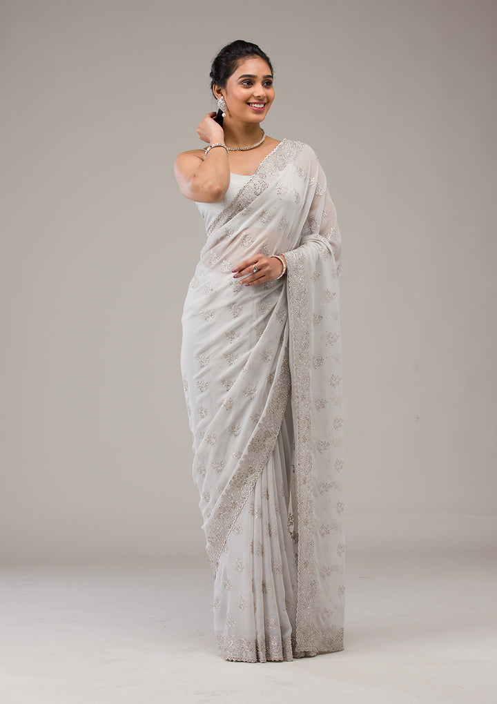 Light Grey Silver Stonework Georgette Saree