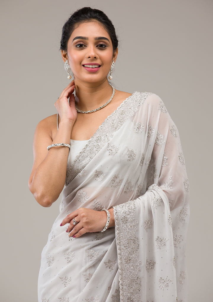 Light Grey Silver Stonework Georgette Saree