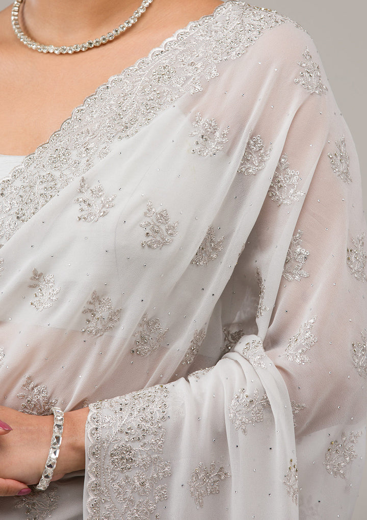 Light Grey Silver Stonework Georgette Saree