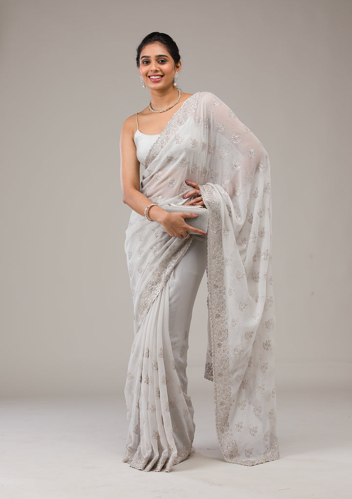 Light Grey Silver Stonework Georgette Saree
