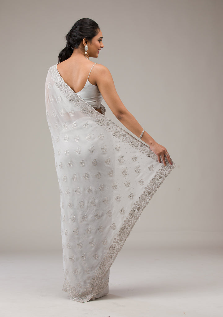 Light Grey Silver Stonework Georgette Saree