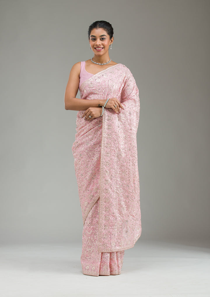 Baby Pink Threadwork Tissue Saree
