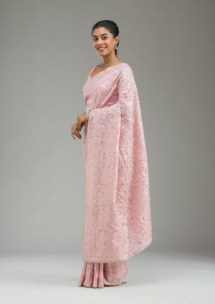 Baby Pink Threadwork Tissue Saree
