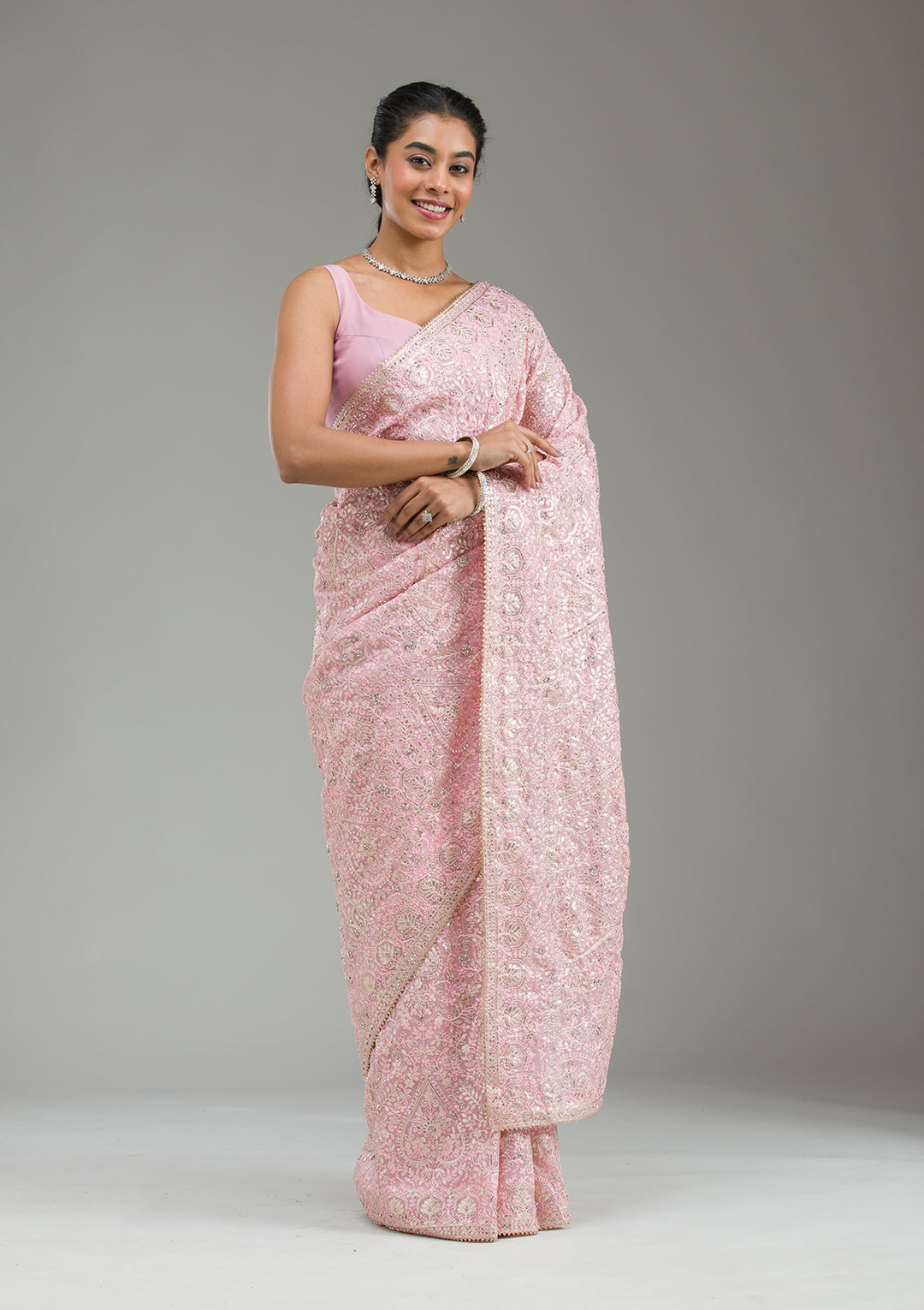 Baby Pink Threadwork Tissue Saree