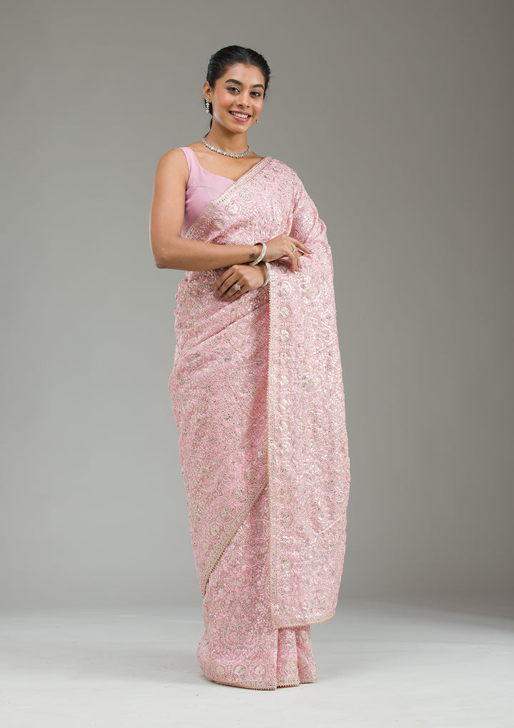 Baby Pink Threadwork Tissue Saree