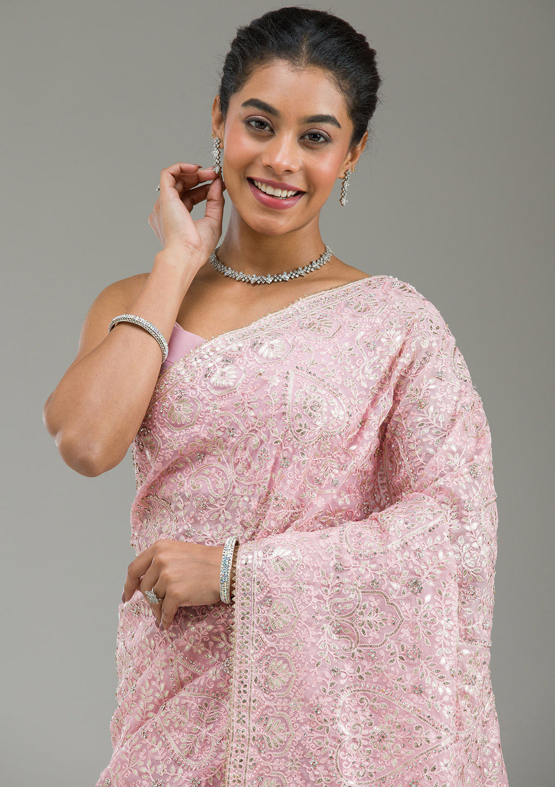 Baby Pink Threadwork Tissue Saree