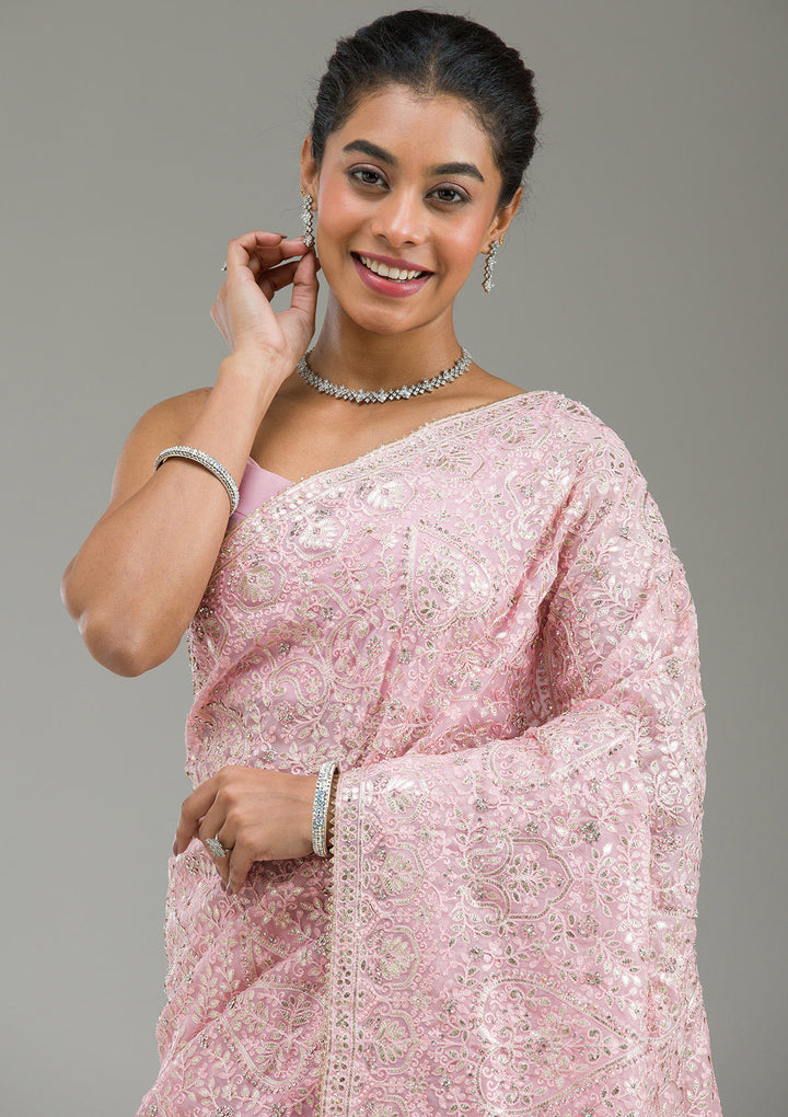 Baby Pink Threadwork Tissue Saree