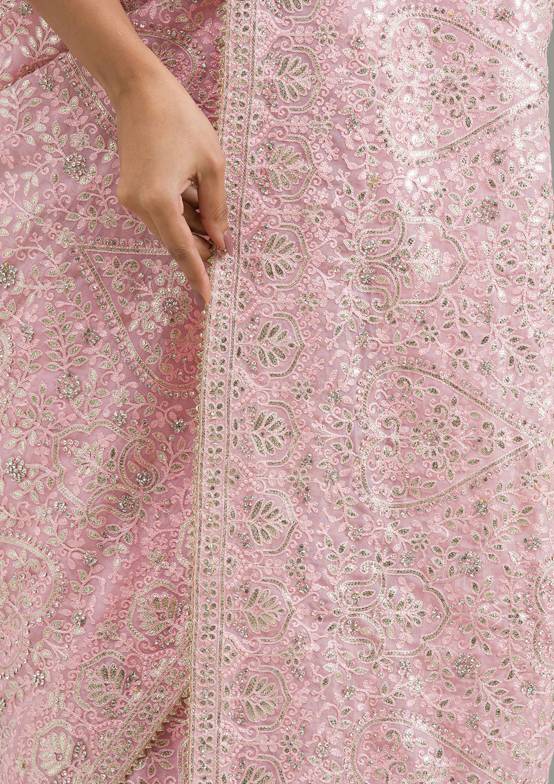 Baby Pink Threadwork Tissue Saree