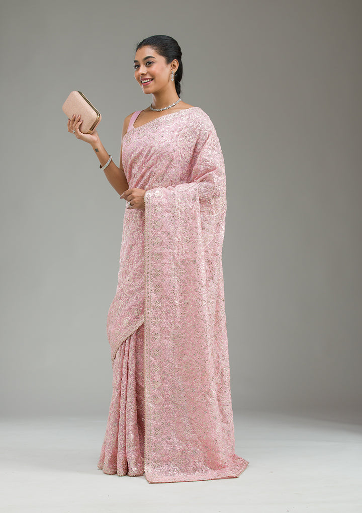 Baby Pink Threadwork Tissue Saree
