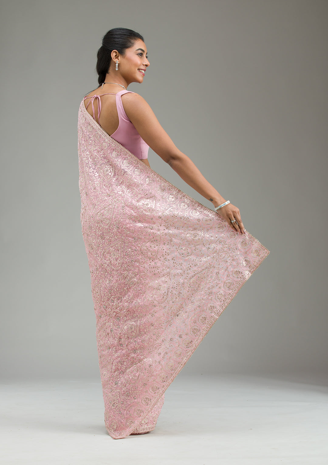 Baby Pink Threadwork Tissue Saree