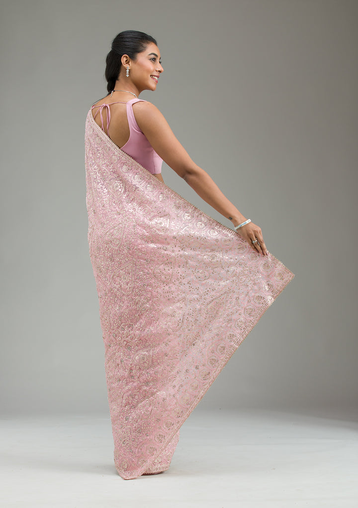 Baby Pink Threadwork Tissue Saree