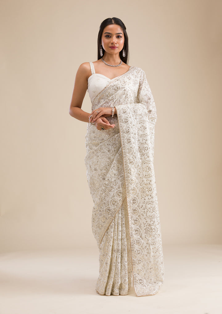 Off White Threadwork Tissue Saree