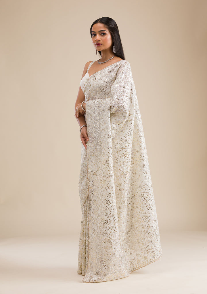 Off White Threadwork Tissue Saree