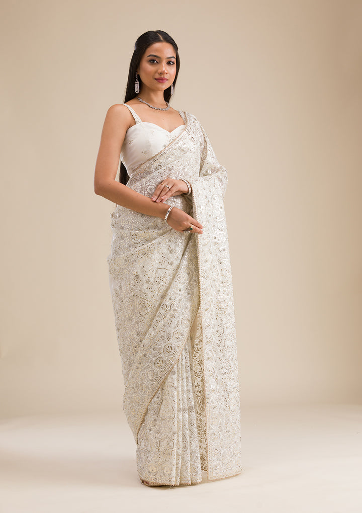 Off White Threadwork Tissue Saree