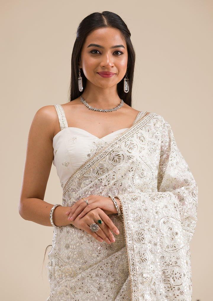 Off White Threadwork Tissue Saree
