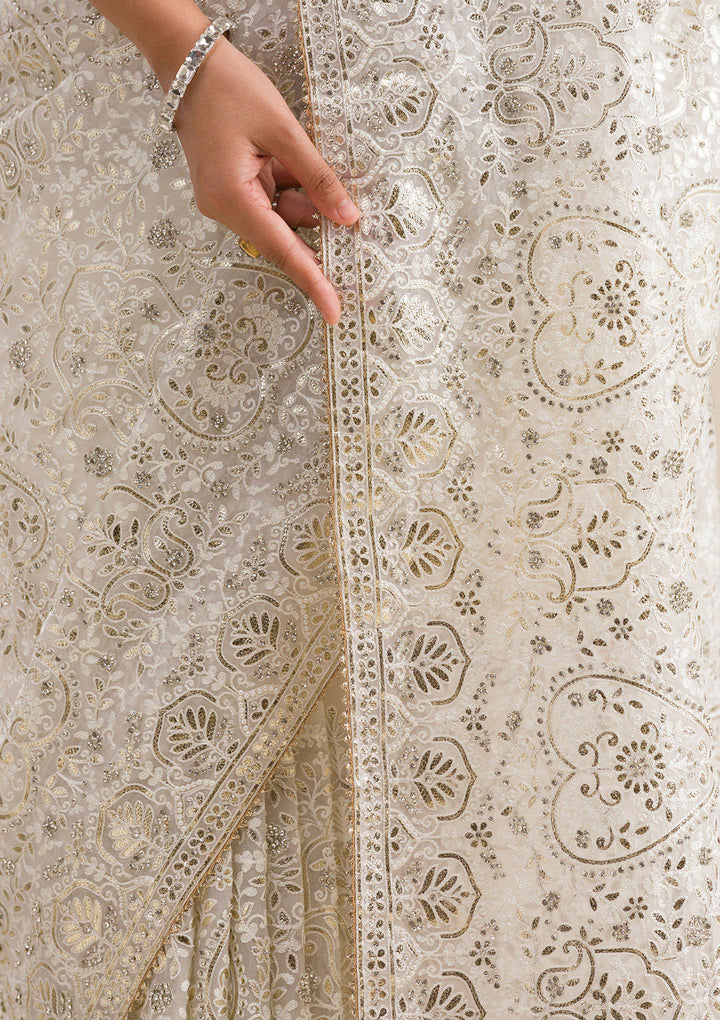Off White Threadwork Tissue Saree