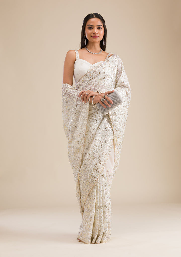 Off White Threadwork Tissue Saree