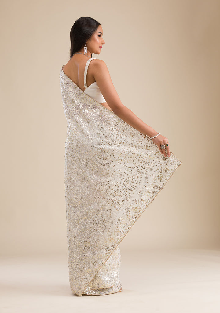 Off White Threadwork Tissue Saree