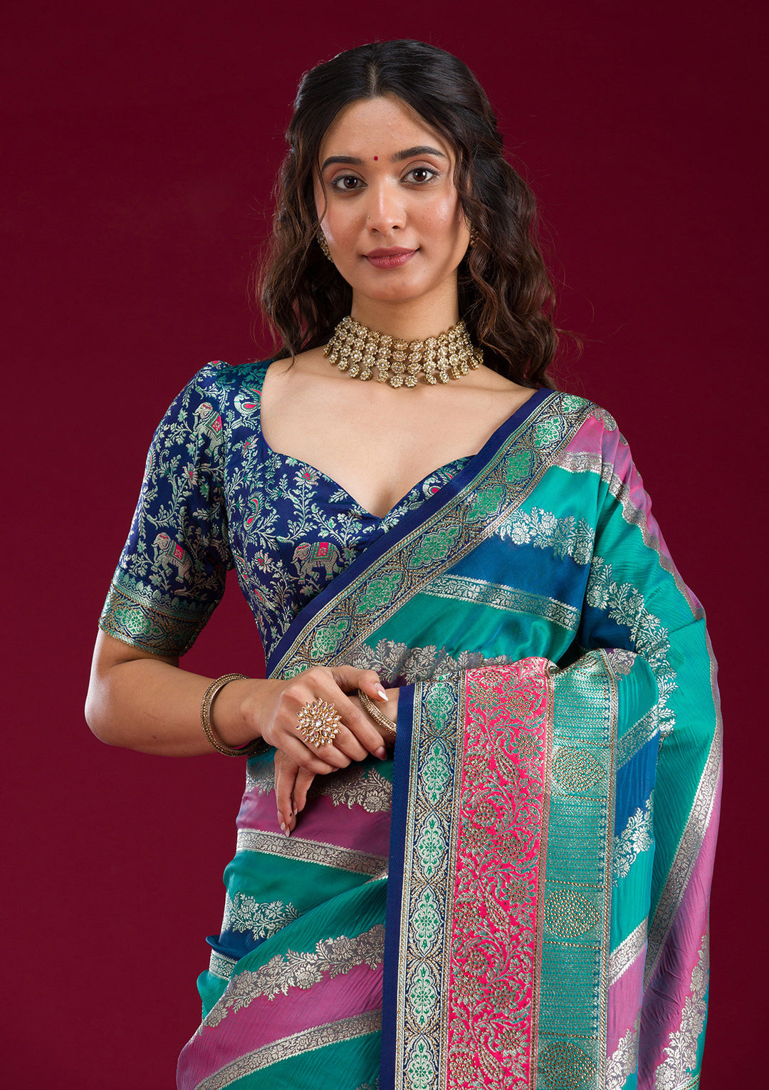 Royal Blue Swarovski Raw Silk Saree