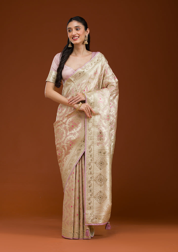 Lavender Swarovski Raw Silk Saree