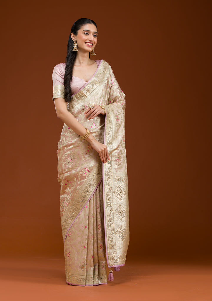 Lavender Swarovski Raw Silk Saree