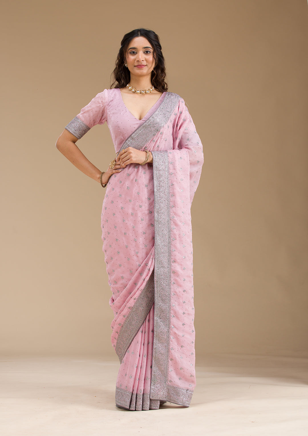 Pink Zariwork Georgette Saree