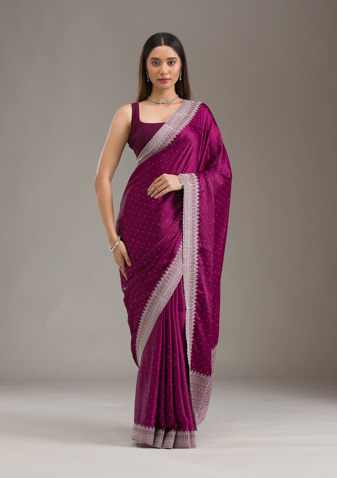 Wine Stonework Satin Saree