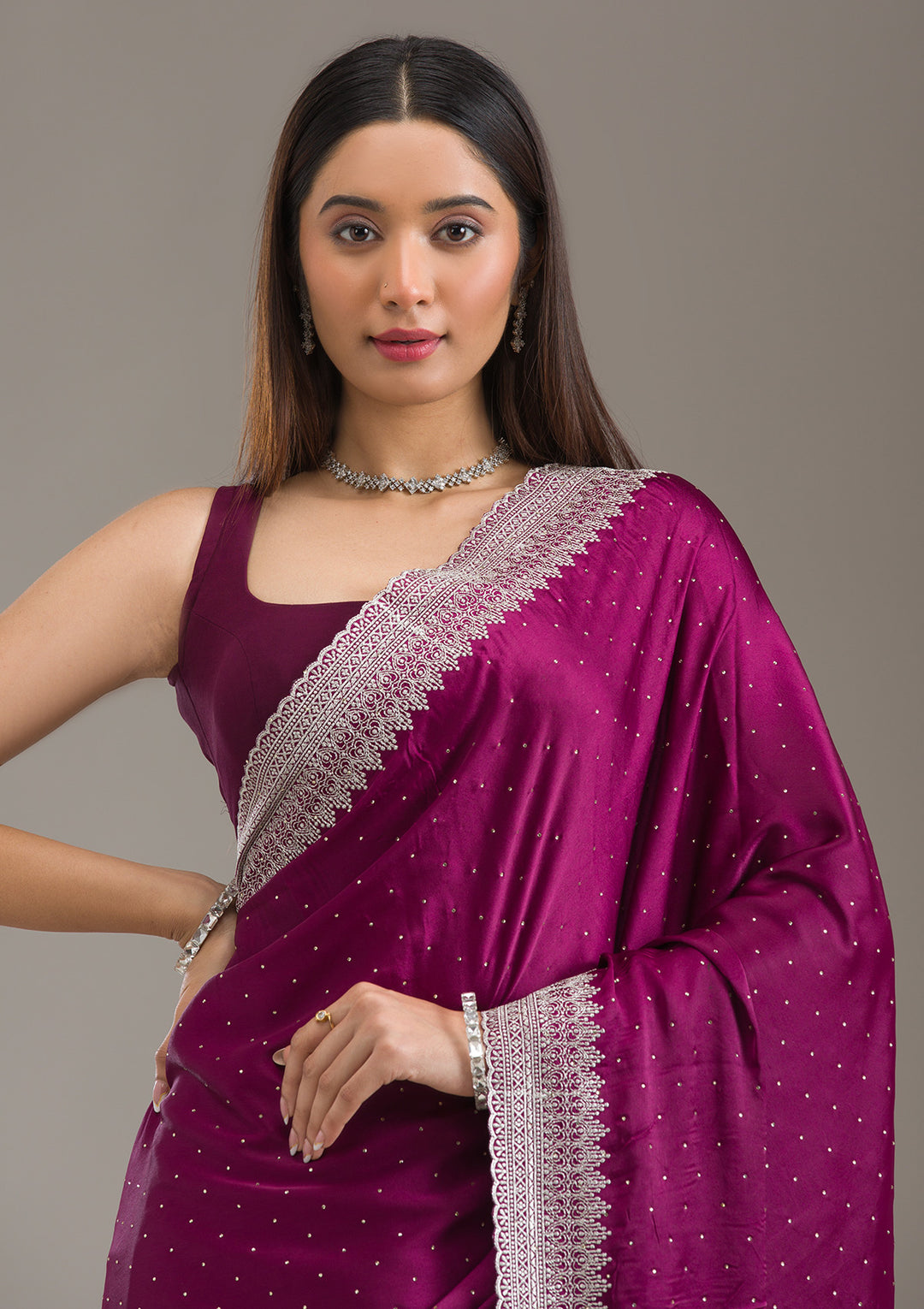 Wine Stonework Satin Saree