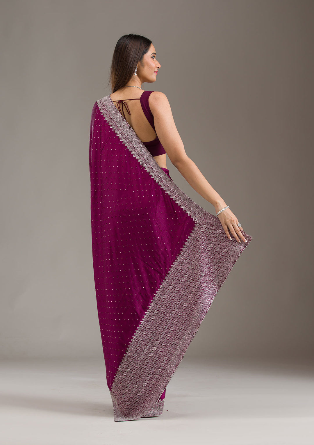 Wine Stonework Satin Saree