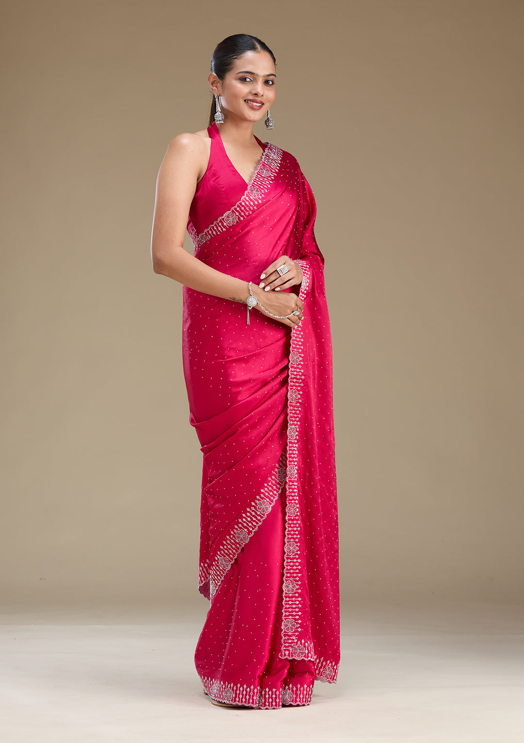 Rani Pink Swarovski Satin Saree