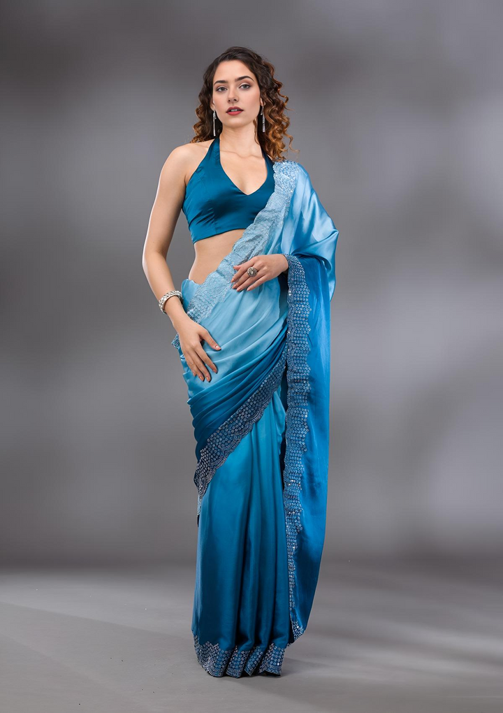 Peacock Blue Swarovski Satin Saree