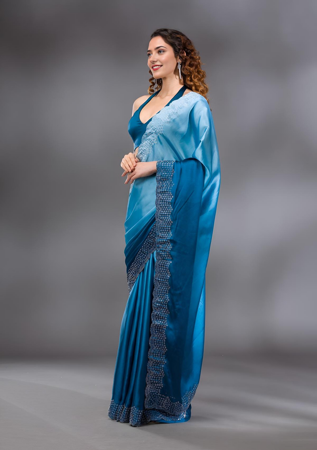 Peacock Blue Swarovski Satin Saree