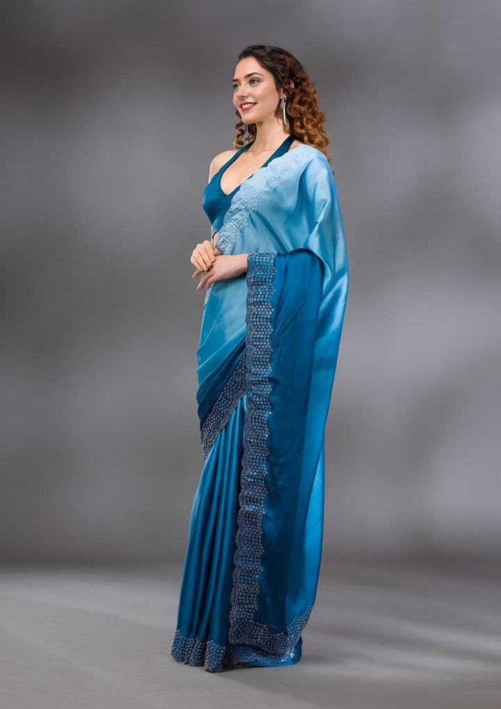 Peacock Blue Swarovski Satin Saree