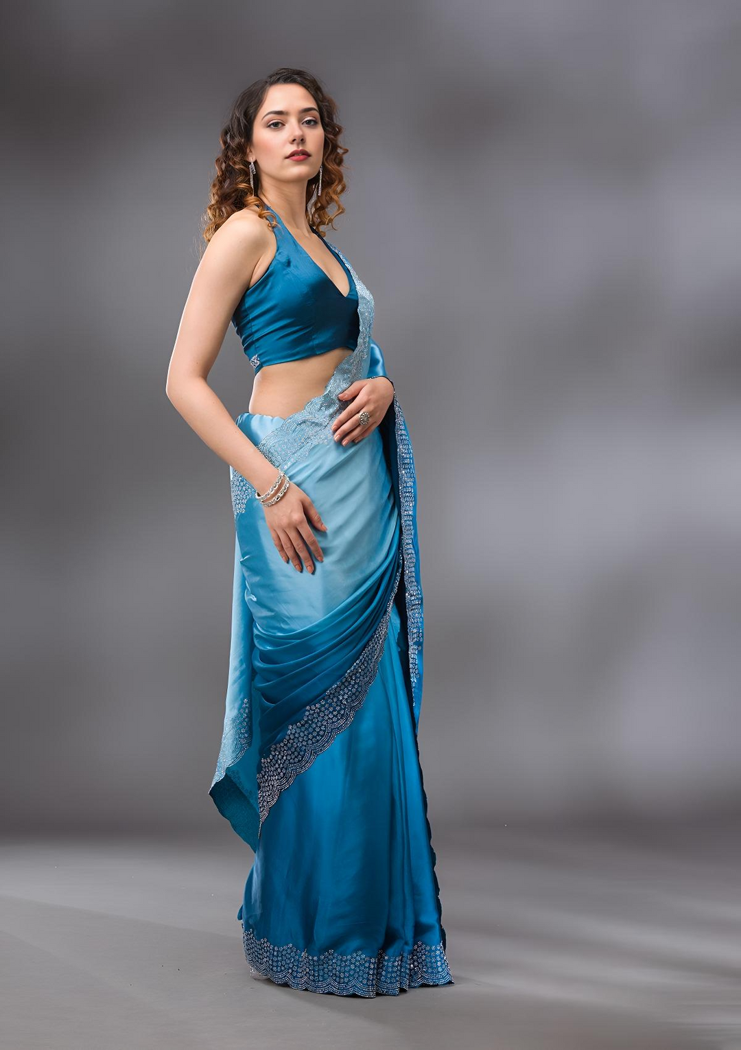 Peacock Blue Swarovski Satin Saree