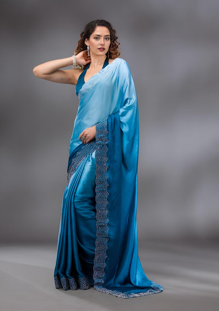 Peacock Blue Swarovski Satin Saree