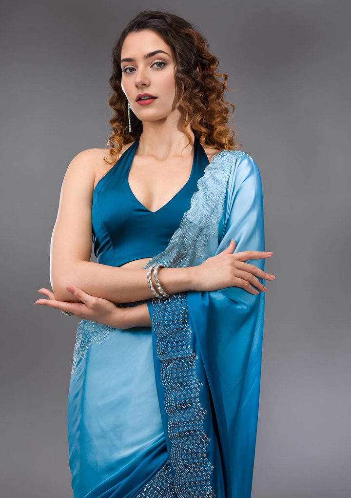 Peacock Blue Swarovski Satin Saree