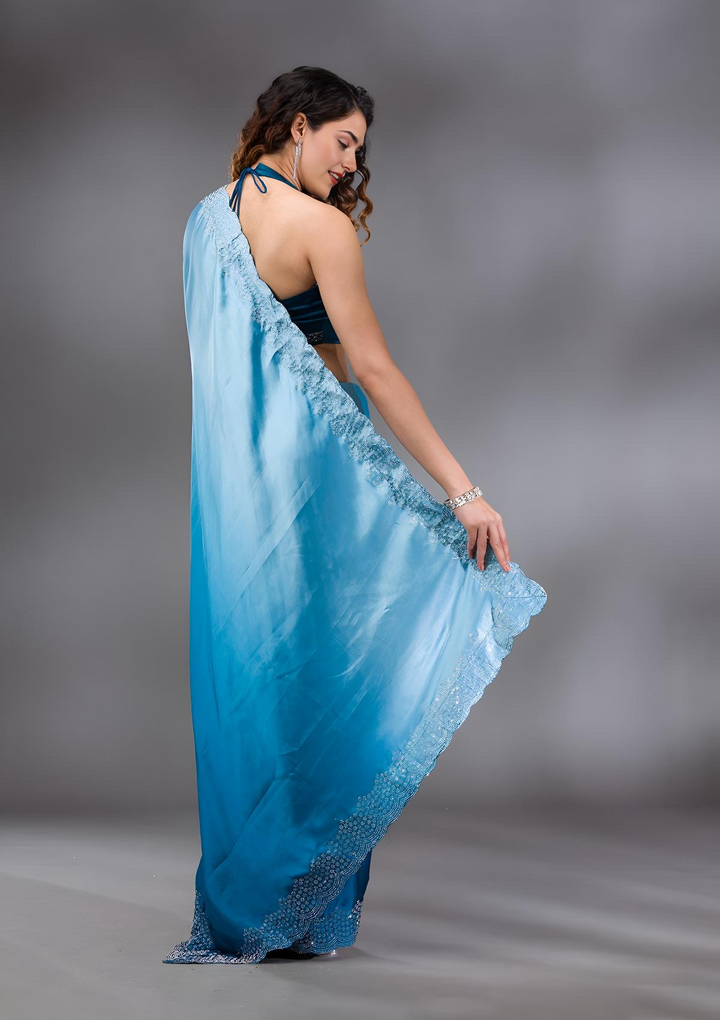 Peacock Blue Swarovski Satin Saree