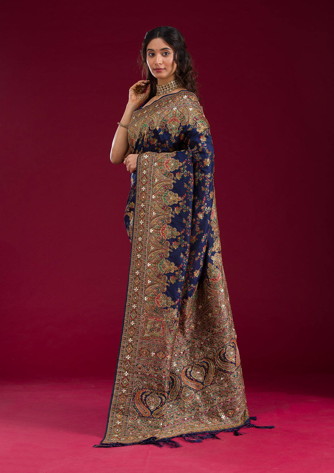 Navy Blue Cutdana Art Silk Saree
