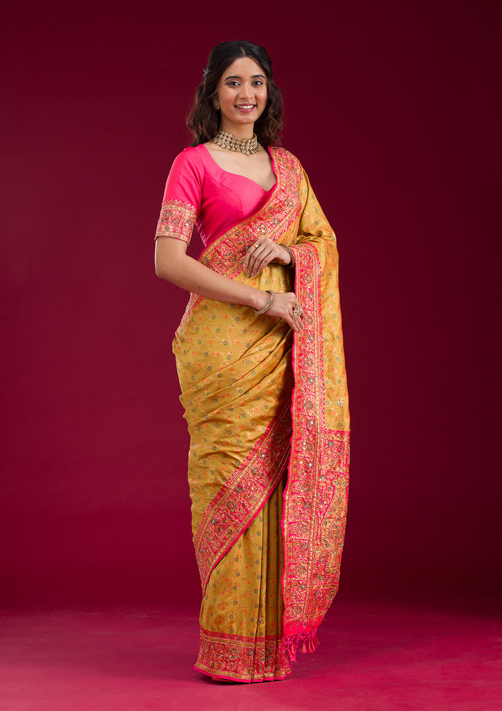 Mehendi Cutdana Art Silk Saree