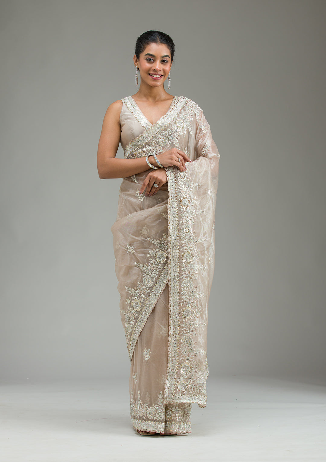 Beige Zariwork Tissue Saree